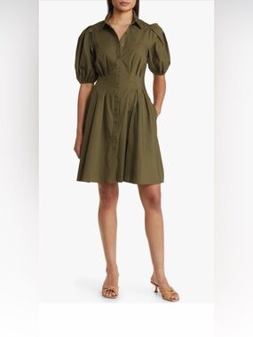 Eliza J Olive Green Shirt Dress with Puff Sleeves